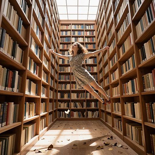 Photograph of a curly-haired woman in a leopard print dress, mid-jump, arms outstretched, between towering wooden bookshelves in a