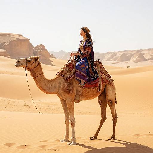 Photograph of a woman with long brown hair, wearing a blue and gold patterned robe, riding a camel in a sunlit desert with rocky out