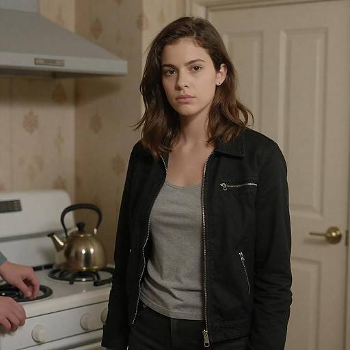 Serious Young Woman in Retro Kitchen