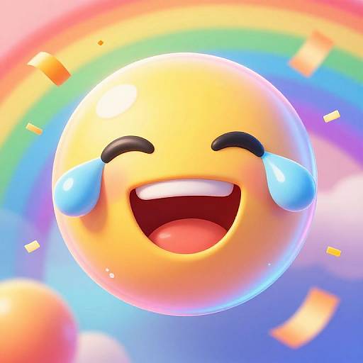 Digital illustration of a smiling, yellow, tearful emoji with black eyebrows, set against a vibrant rainbow background with colorful confetti.