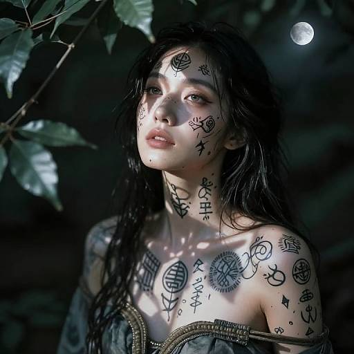 Photograph of a pale, tattooed woman with black hair, wearing an off-shoulder garment, illuminated by moonlight and surrounded by dark foliage