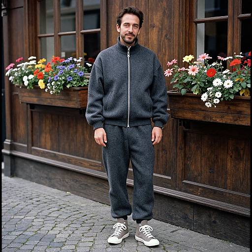 Photograph of a bearded man with dark hair in a gray zip-up tracksuit and white sneakers, standing in front of a wooden building with colorful