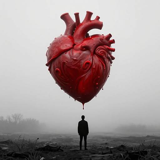 Photograph-style digital art: Silhouetted figure stands below enormous, red, surreal, heart-shaped object with detailed textures, floating in foggy