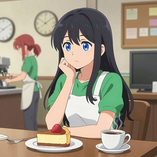 Thoughtful Anime Girl in Cozy Cafe