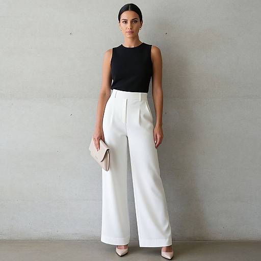 Photograph of a woman with dark hair in a bun, wearing a black sleeveless top and high-waisted white wide-leg pants, holding a
