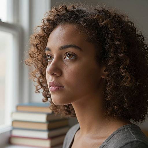 Photograph of a young woman with curly brown hair and medium brown skin, gazing thoughtfully to the side, wearing a gray shirt, with a
