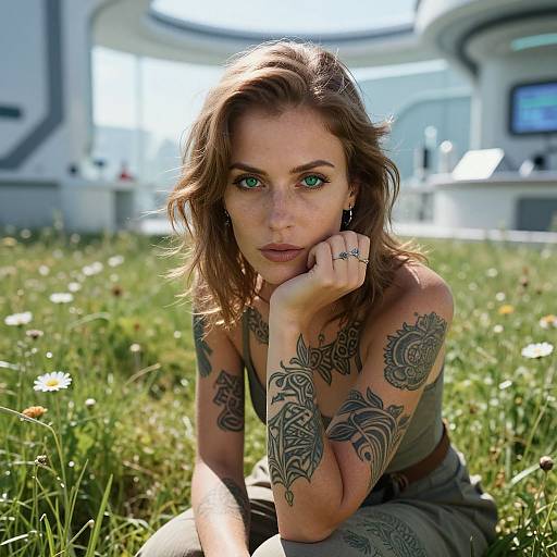 Photograph of a tattooed woman with green eyes, brown wavy hair, and green top, sitting in a sunlit grassy field with white
