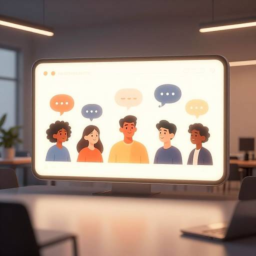 Digital illustration of a tablet displaying a group of six diverse, cartoon-style people with speech bubbles, set in a modern office with soft lighting and blurred furniture