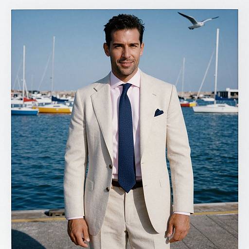 Photograph of a handsome man in a white suit with a navy tie, standing at a marina with boats and a seagull in the bright