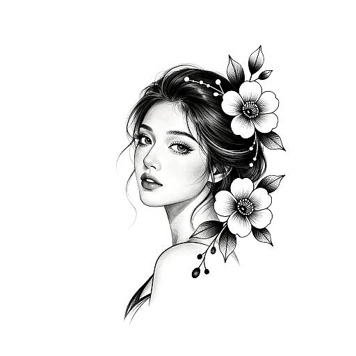 Black-and-white digital drawing of a beautiful woman with dark hair, adorned with large, detailed flowers, looking over her shoulder.