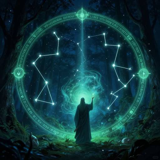 Digital art: Silhouetted figure in dark robe stands before glowing, circular celestial map with constellation connections in a mystical forest.
