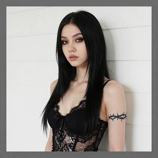 Photograph of a pale-skinned, black-haired woman with long straight hair, wearing a black lace top, featuring a thorn tattoo on her right