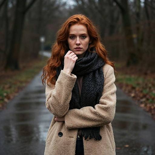 Photograph of a red-haired woman with fair skin, wearing a beige coat and black scarf, standing on a wet, leaf-strewn path in