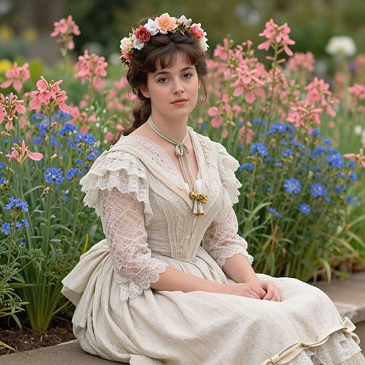 Photograph of a young woman with fair skin, dark hair, and a flower crown, wearing a white lace Victorian dress, seated in a vibrant garden