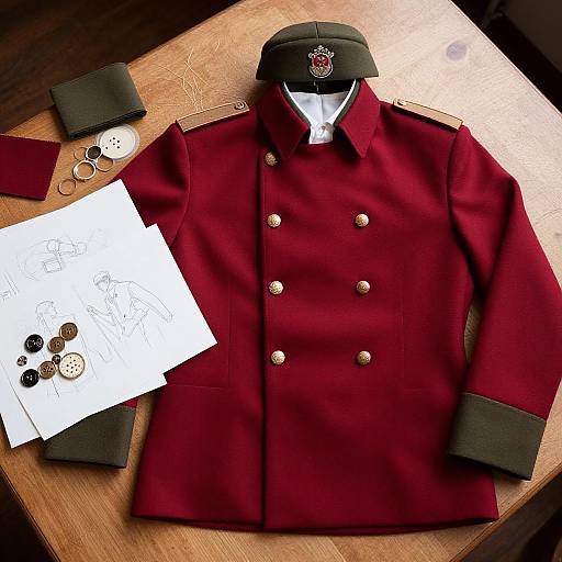 Photograph of a red military-style double-breasted jacket with gold buttons, black hat, black cuffs, and collar, on a wooden table with sketch