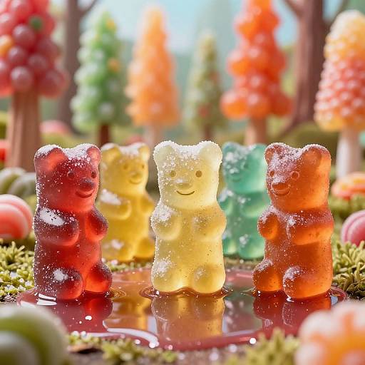 Photograph of four frosted, colorful bear-shaped lollipops in red, yellow, green, and orange, standing in a puddle on
