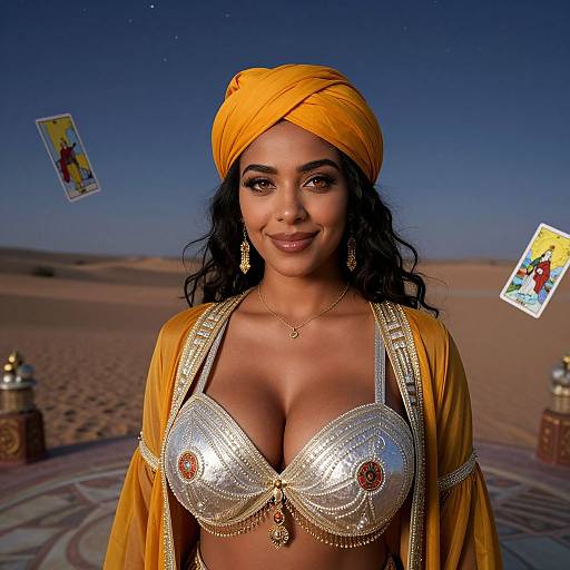 Photorealistic digital image of a smiling dark-haired woman with tan skin, large silver bra, yellow turban, and gold earrings, standing in a