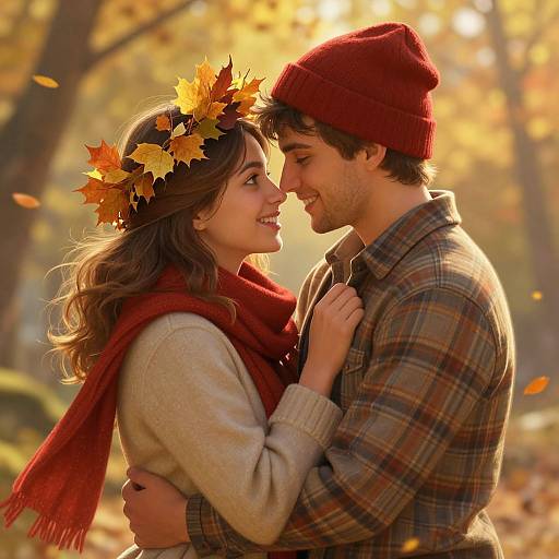 Photograph of a smiling couple in autumn, woman with leaf crown, red scarf, brown hair, man in plaid shirt, red beanie,