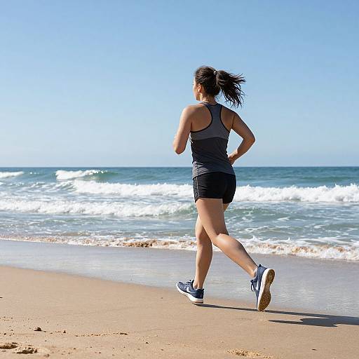 Photograph of a fit, dark-haired woman in a black tank top and shorts running on a sunny beach with waves in the background.