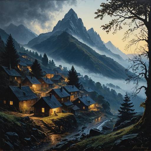 Misty Mountain Village at Dawn