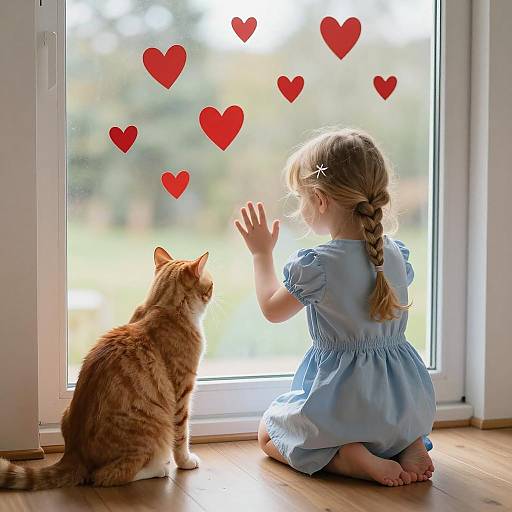 Young Girl with Heart Stickers and Cat