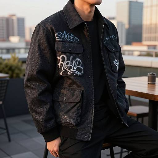 Photograph of a man in a black, textured bomber jacket with white graffiti on pockets, seated outdoors at a rooftop café. Cityscape in the background