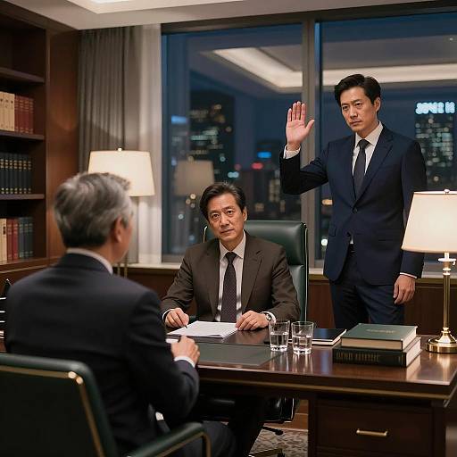 Business Meeting in Luxurious Office at Night