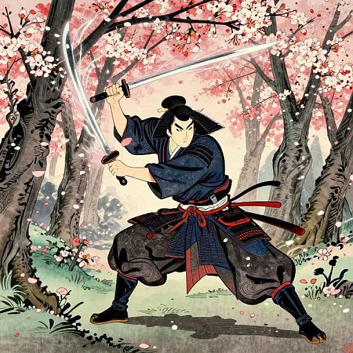 Digital illustration of a samurai warrior with black hair and beard, wielding a glowing sword, in a cherry blossom forest. He wears a dark blue kim