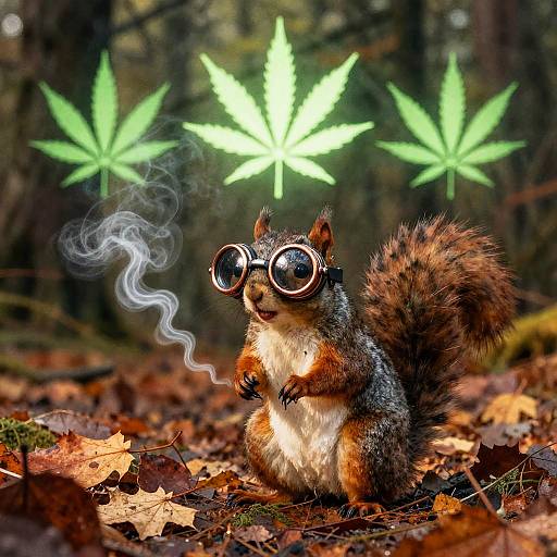 Photograph of a squirrel with oversized goggles, smoking, in a forest with glowing green marijuana leaves in the background.