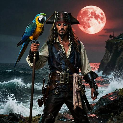 Noir Pirate Captain Under Blood-Red Moon