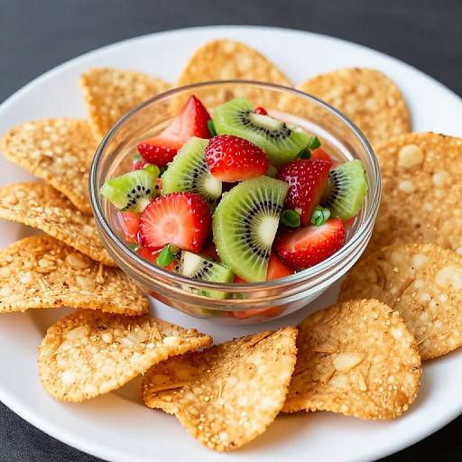 Photograph of a glass bowl filled with sliced strawberries, kiwi, and green grapes, surrounded by golden, textured crackers on a white plate.