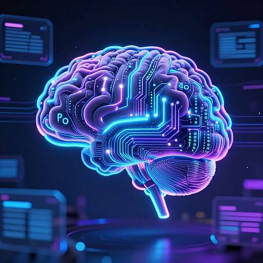 Neon-lit, futuristic CGI of a human brain with glowing blue and purple circuitry against a dark, tech-filled background. High-tech, digital