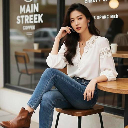 Woman Sitting at Main Street Coffee Shop