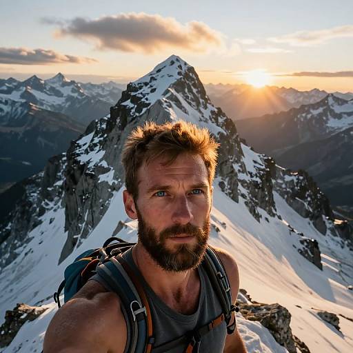 Photograph of a bearded, blue-eyed man with spiky brown hair, wearing a gray tank top and backpack, standing on a snow-covered mountain