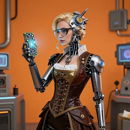 CGI image of a blonde, cybernetic woman with metallic arms and glasses, holding a glowing tablet, in an orange-lit, industrial background