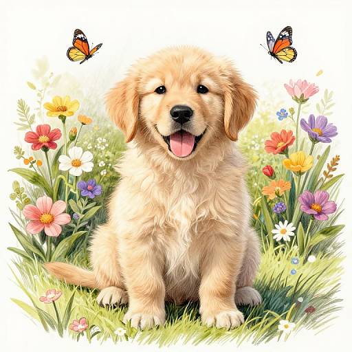 Digital illustration of a fluffy golden puppy sitting in a vibrant flower garden, with two butterflies flying above its head.