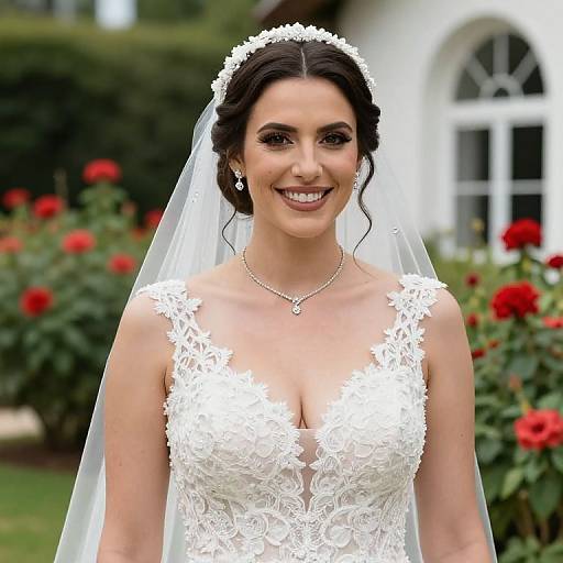 Photograph of a smiling bride with dark hair, wearing a white lace wedding dress, veil, and pearl necklace, standing in a garden with red roses