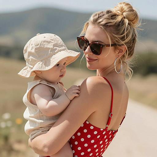 Woman in Red Polka Dot Dress Holding Baby Outdoors