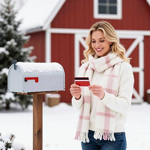 Woman Holding Red Card by Snowy Mailbox
