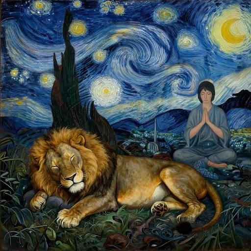 Digital painting of a serene night scene with a sleeping lion and a meditating man in a blue robe under a swirling, starry sky. Vibrant
