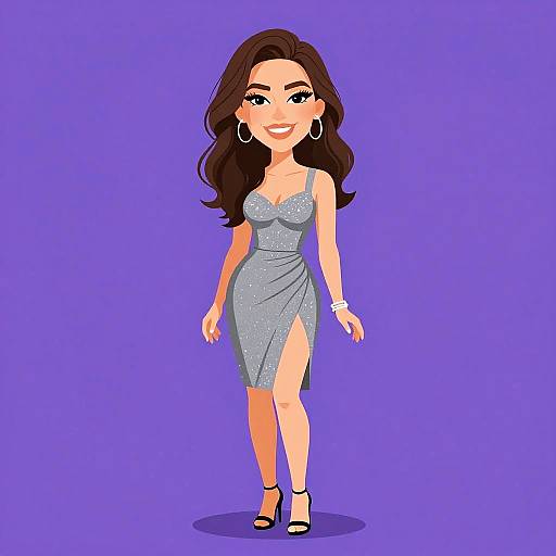 Cartoon-style illustration of a smiling woman with long brown hair, wearing a sparkly gray dress, black high heels, hoop earrings, and a white