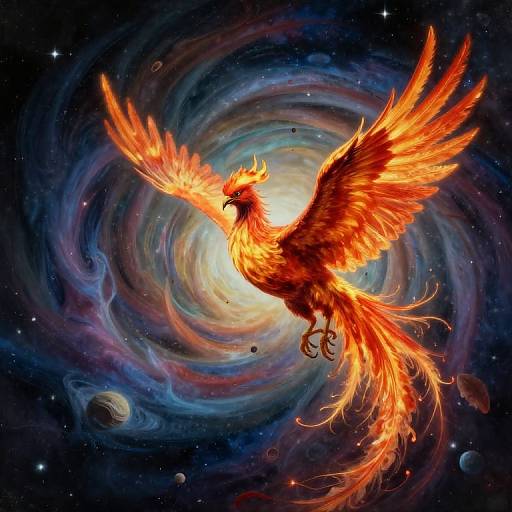 Digital artwork of a fiery, vibrant phoenix with glowing orange and red feathers soaring through a swirling, colorful galaxy with planets.