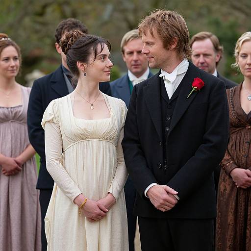 Photograph of a couple in white and black formal attire, standing outdoors with a group of guests in the background. The bride wears a white dress,