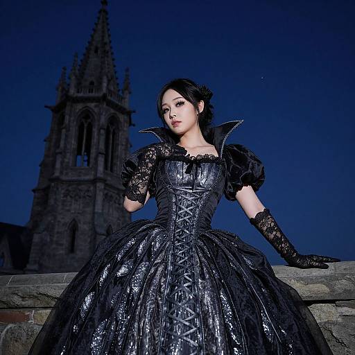 Photograph of a fair-skinned Asian woman in a black, gothic lace gown with puffed sleeves, standing against a dark blue night sky with