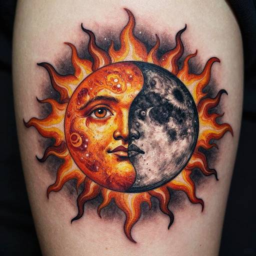 Colorful tattoo of a sun with a human face divided into orange and black halves, surrounded by fiery, wavy rays.