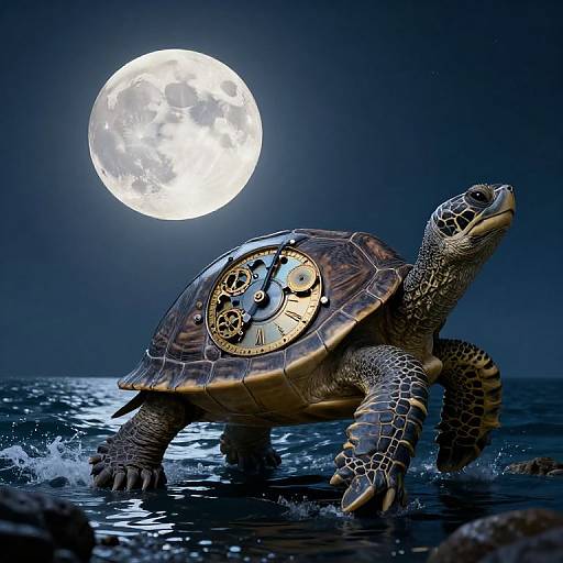 Photograph of a turtle with a clock embedded in its shell, standing in water under a bright full moon at night.