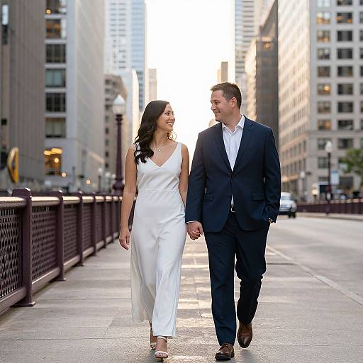 Photograph of a smiling couple walking hand-in-hand on an urban pedestrian bridge, with the woman in a white satin dress and the man in a navy