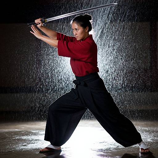 Photograph of a woman in a red shirt and black hakama, holding a sword, striking a dynamic stance under falling water. Bright backlight highlights her