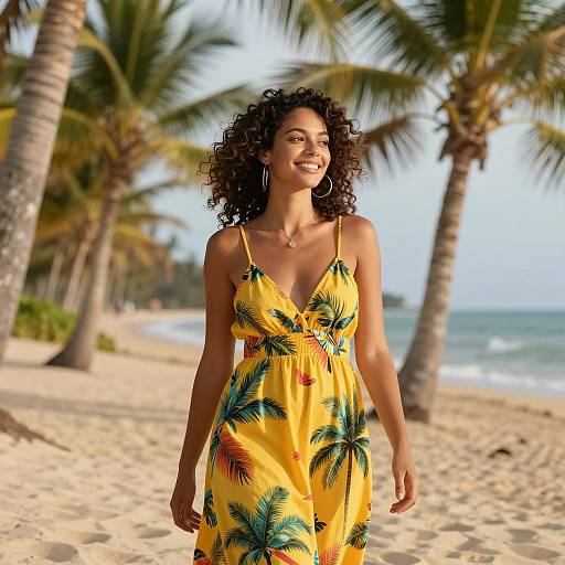 Joyful Woman in Yellow Tropical Dress on Beach