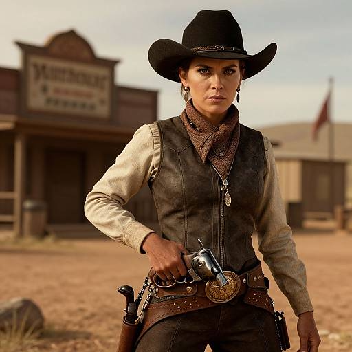 Photograph of a determined woman in a black cowboy hat, brown vest, and beige shirt, holding a revolver in a Western town.